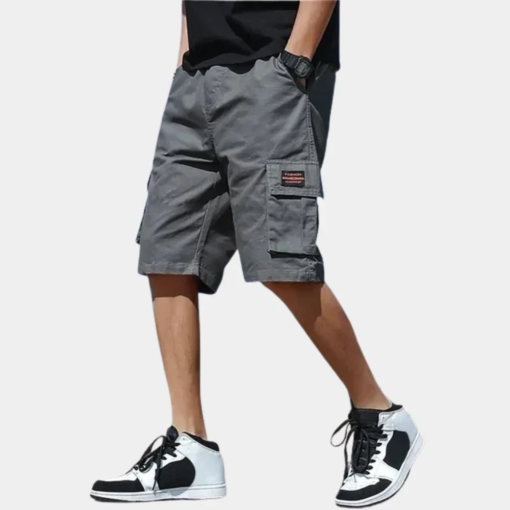 Grey loose fit cargo shorts for men with flap pocket