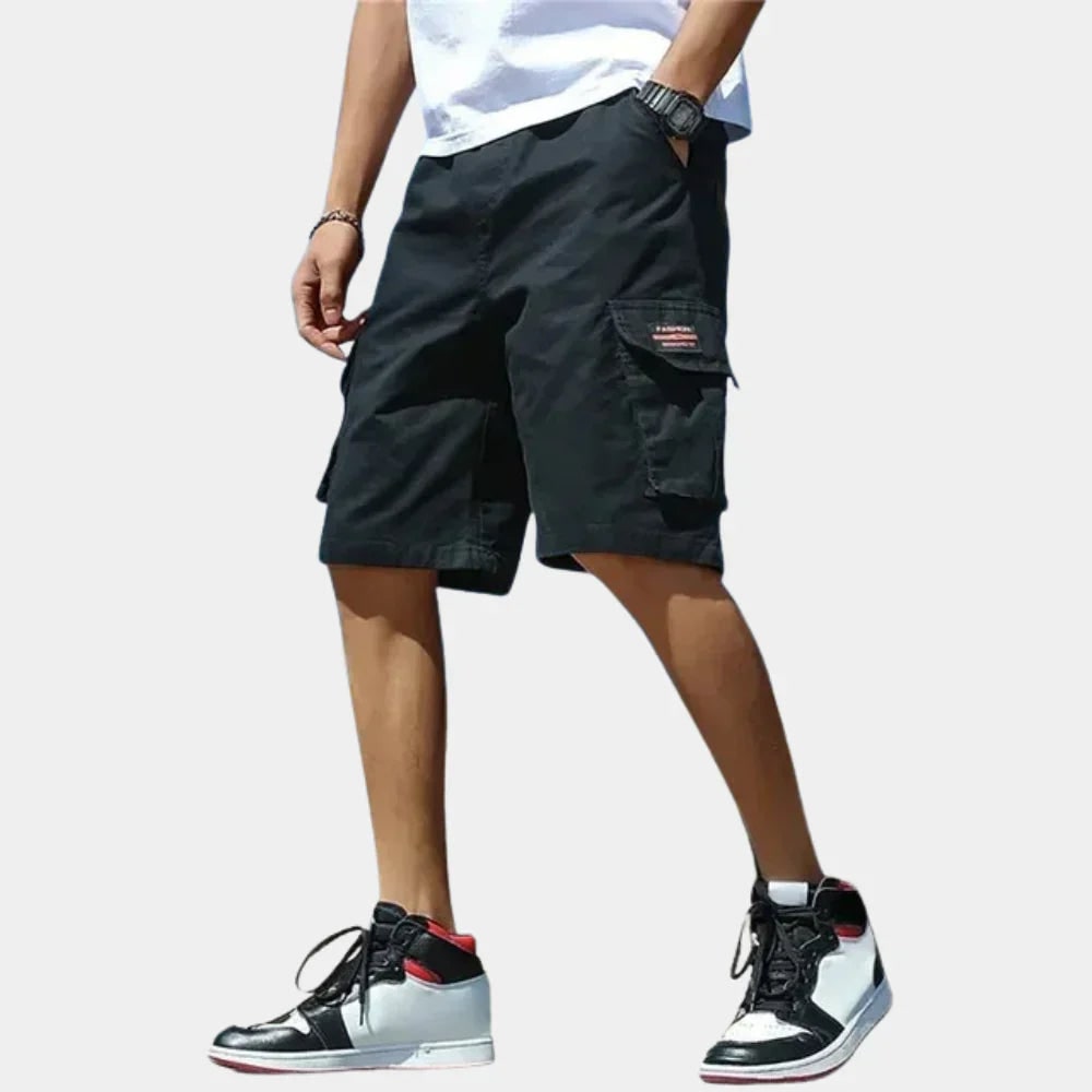 Black loose fit cargo shorts for men