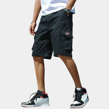 Black loose fit cargo shorts for men