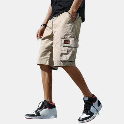 Beige loose fit cargo shorts for men with large flap pocket