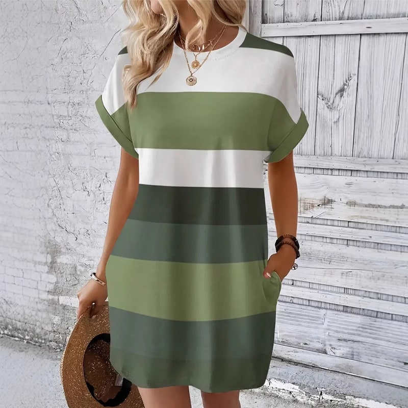 Green colour block T-shirt dress with round neck front view 2