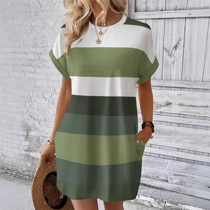 Green colour block T-shirt dress with round neck front view 2