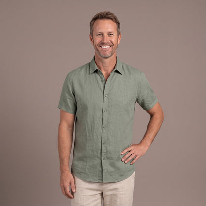 Casual Mens Linen Shirt with Short Sleeves and Collar in Sage Green
