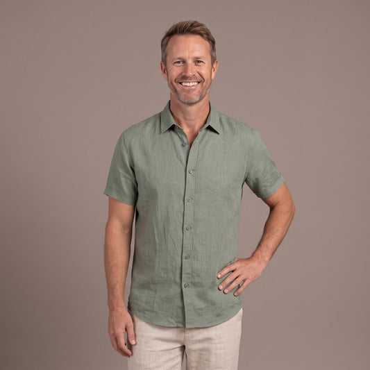 Casual Mens Linen Shirt with Short Sleeves and Collar in Sage Green