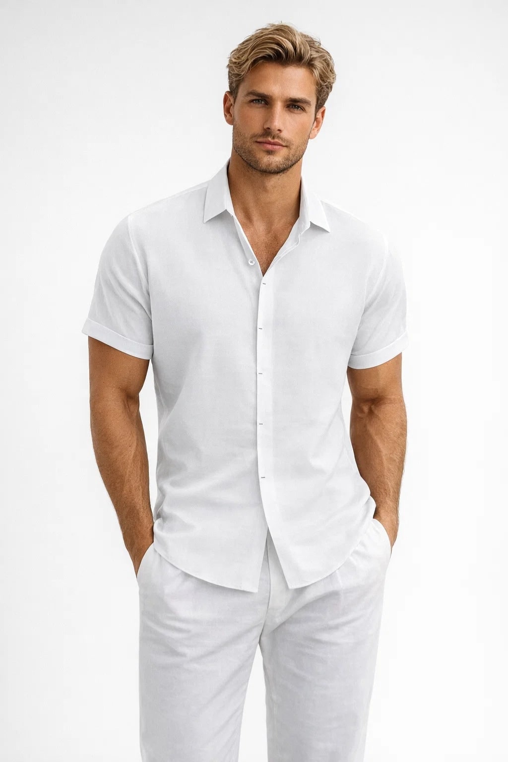 Casual Mens Linen Shirt with Short Sleeves in White
