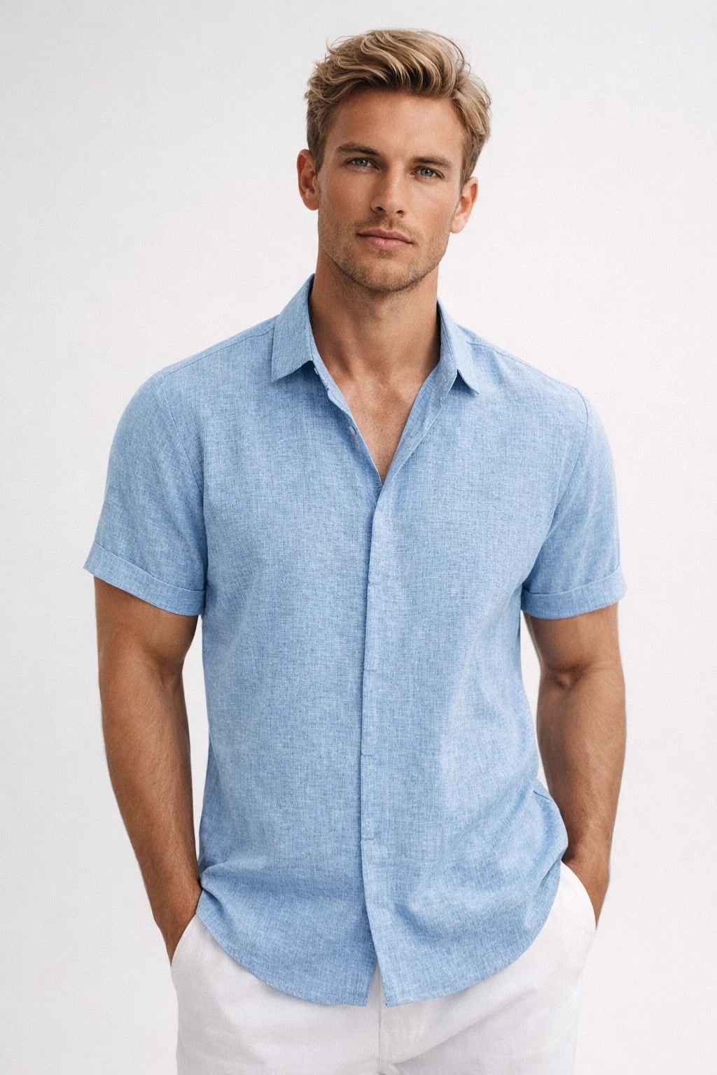 Casual Mens Linen Shirt with Short Sleeves in Blue