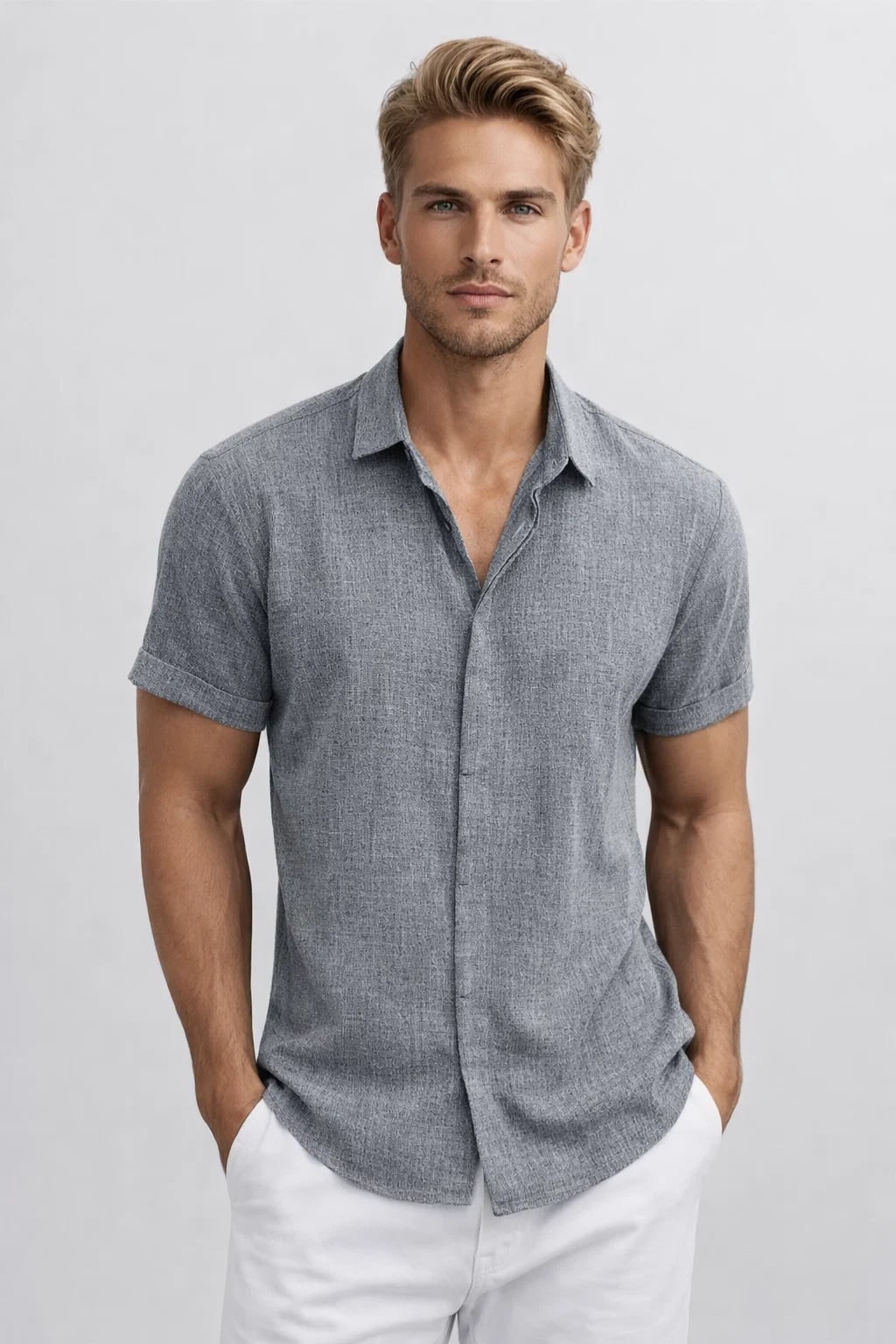 Casual Mens Linen Shirt with Short Sleeves in Grey
