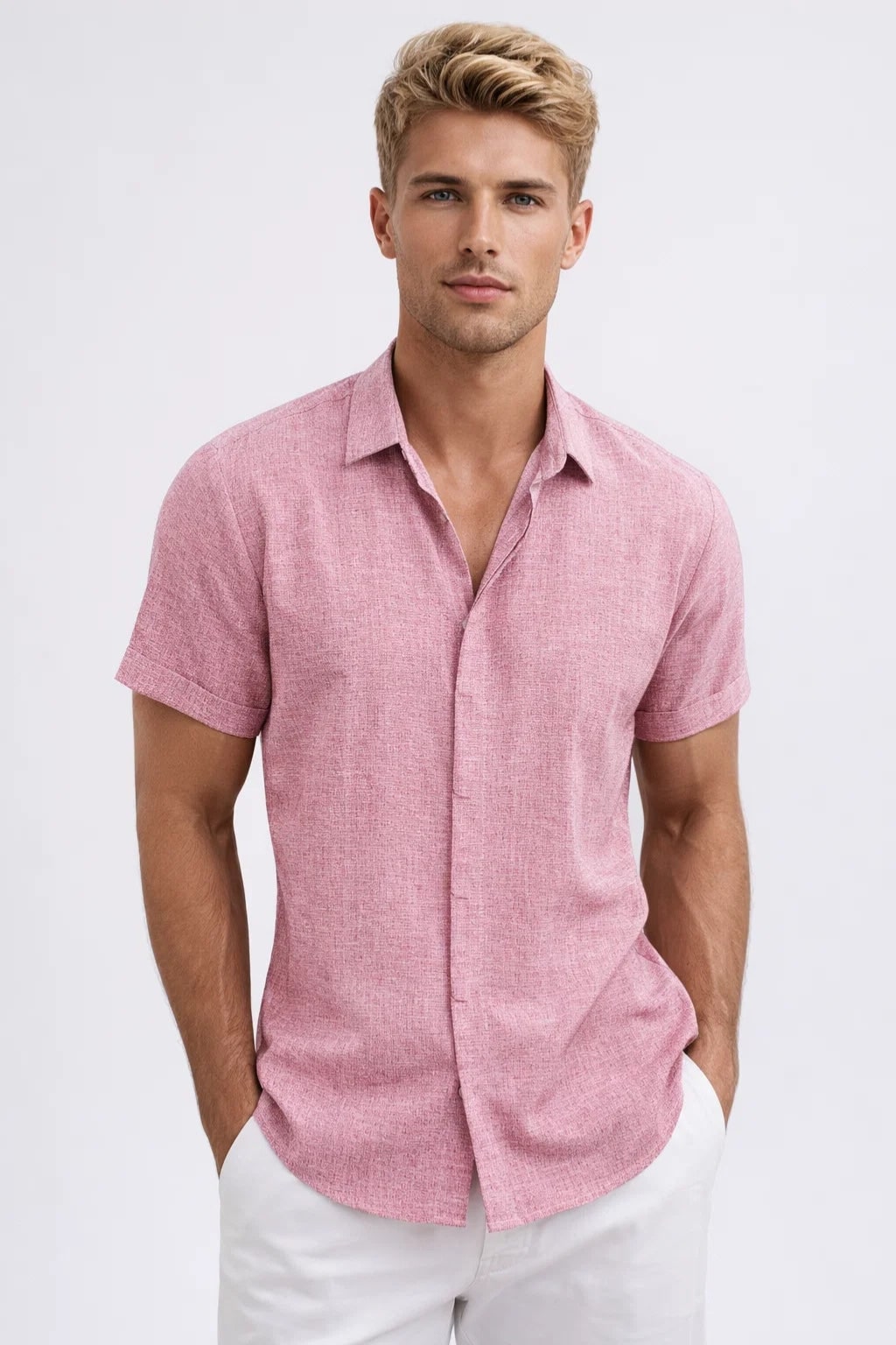 Casual Mens Linen Shirt with Short Sleeves in Pink
