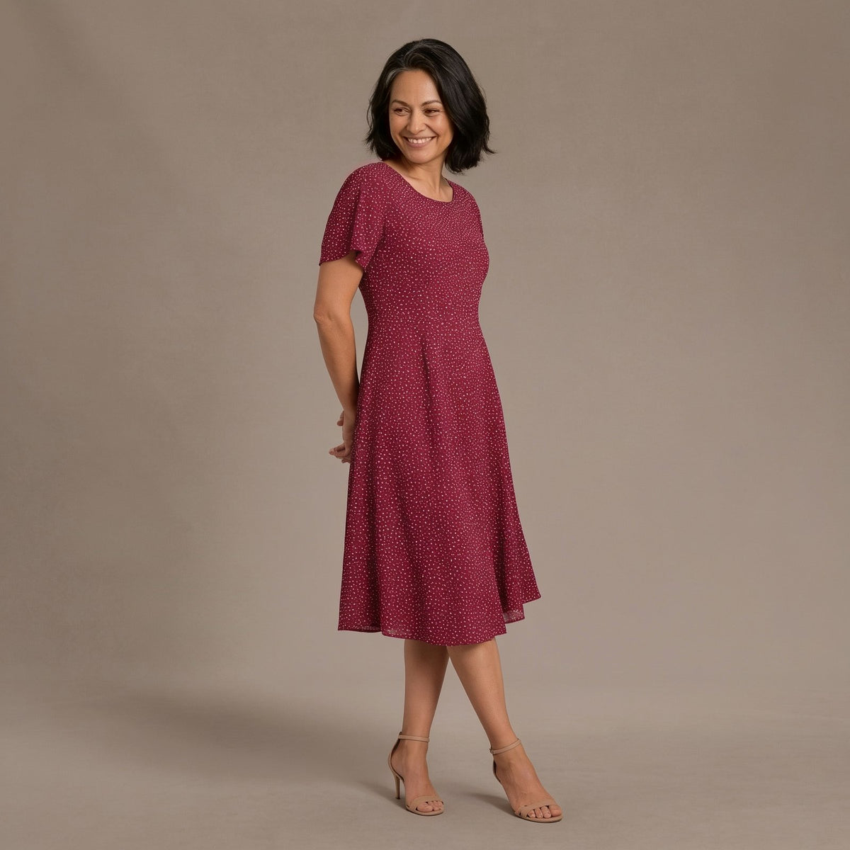 Cocktail Dress in Red Dot Print, Boho Chic Summer Dress with Short Sleeves and Swing Skirt