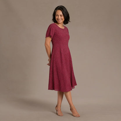 Cocktail Dress in Red Dot Print, Boho Chic Summer Dress with Short Sleeves and Swing Skirt