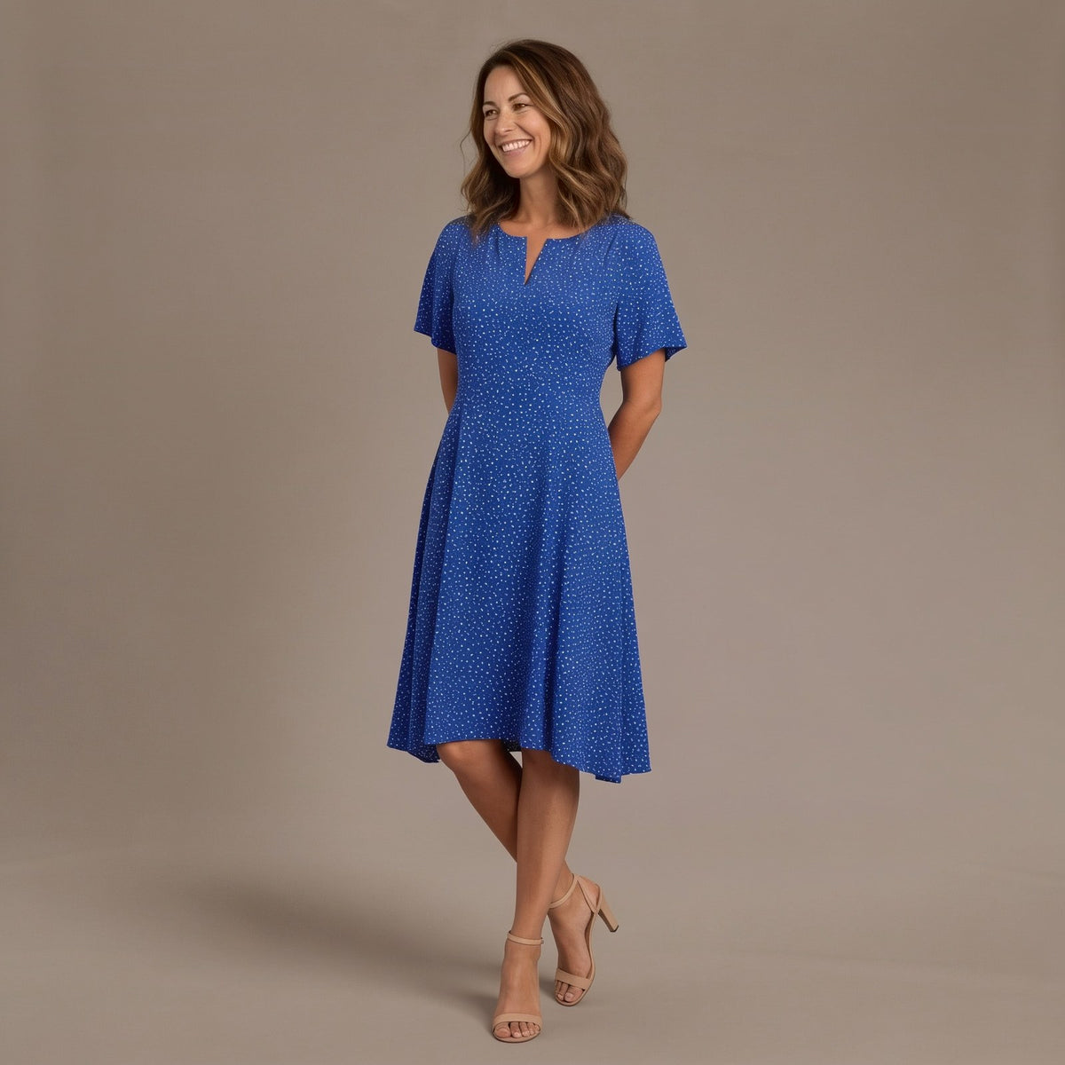 Cocktail Dress with Polka Dots, Short Sleeve Summer Dress with V Neck and Flowing Skirt