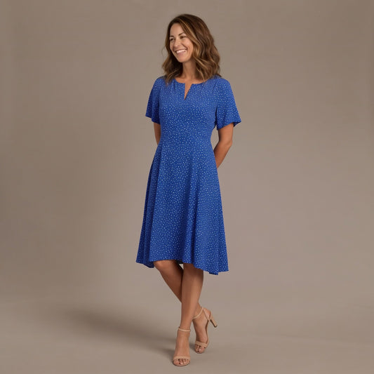 Cocktail Dress with Polka Dots, Short Sleeve Summer Dress with V Neck and Flowing Skirt