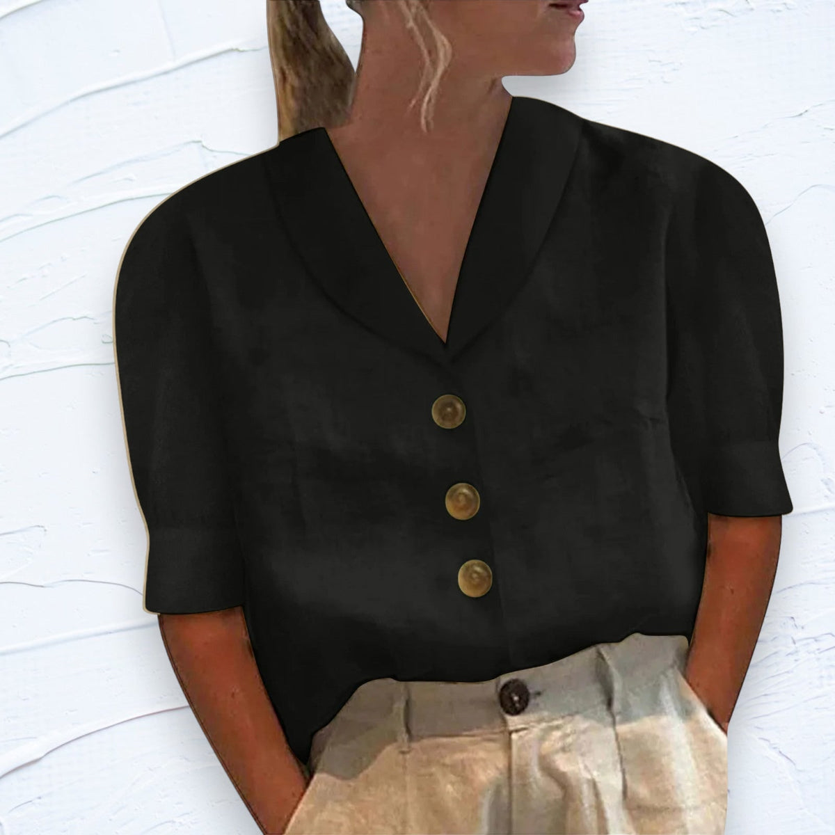 Cotton Linen Top with Shawl Collar and Short Sleeves 2