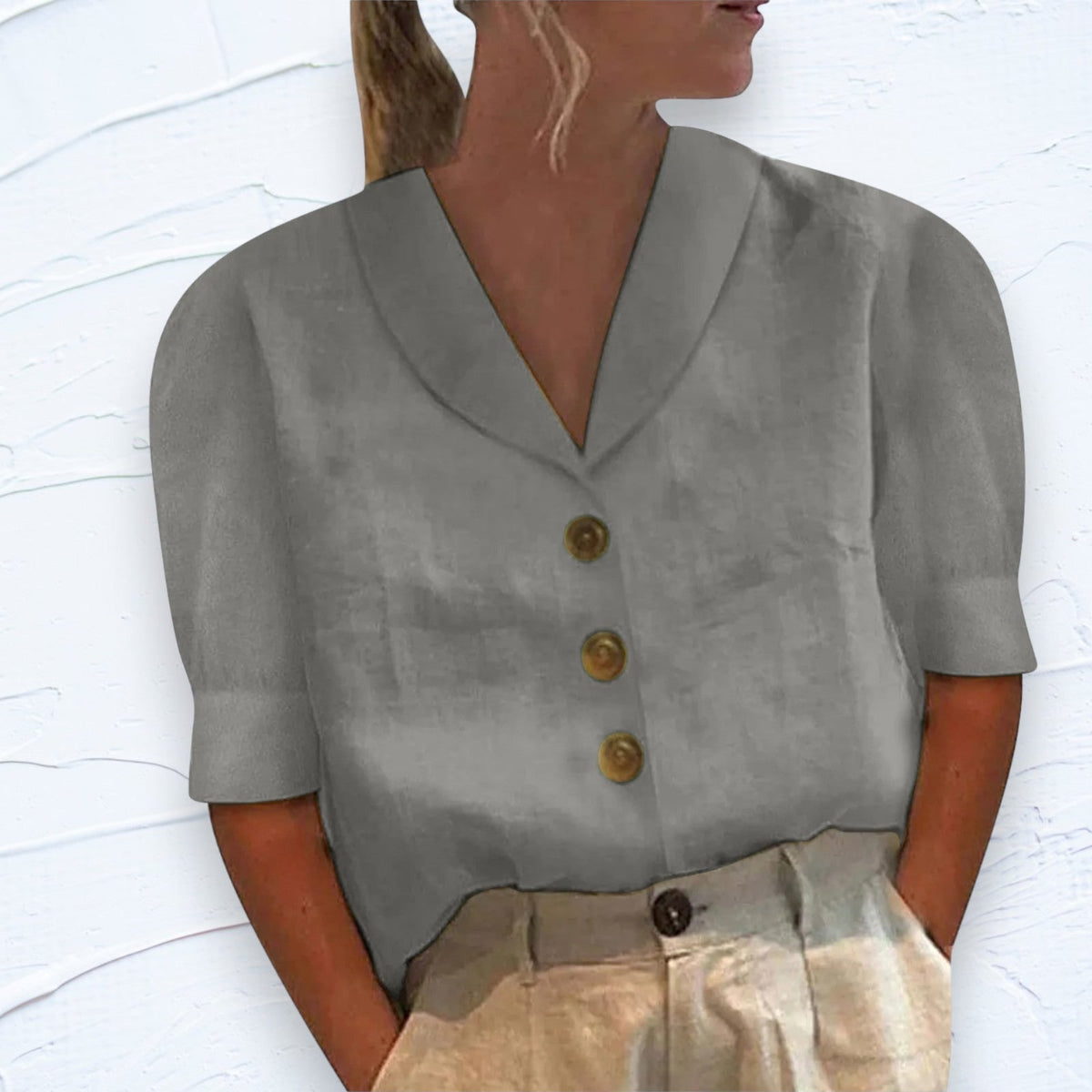 Cotton Linen Top with Shawl Collar and Short Sleeves 3