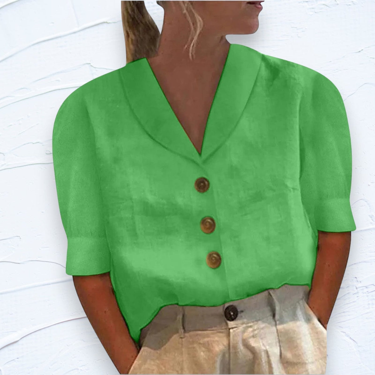Cotton Linen Top with Shawl Collar and Short Sleeves 4