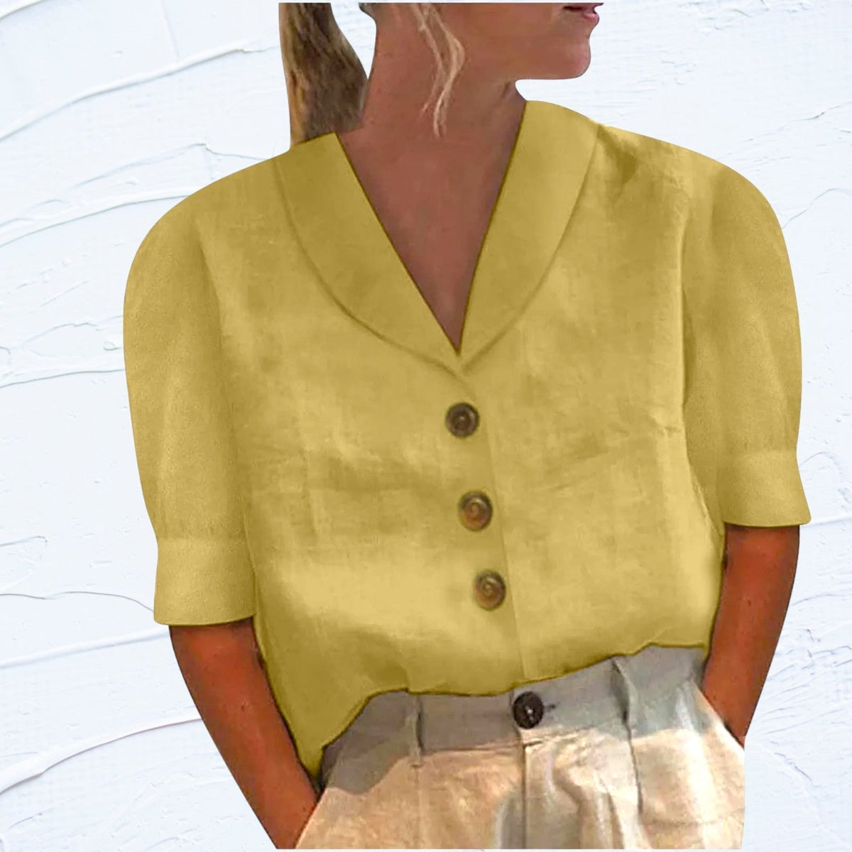 Cotton Linen Top with Shawl Collar and Short Sleeves 5