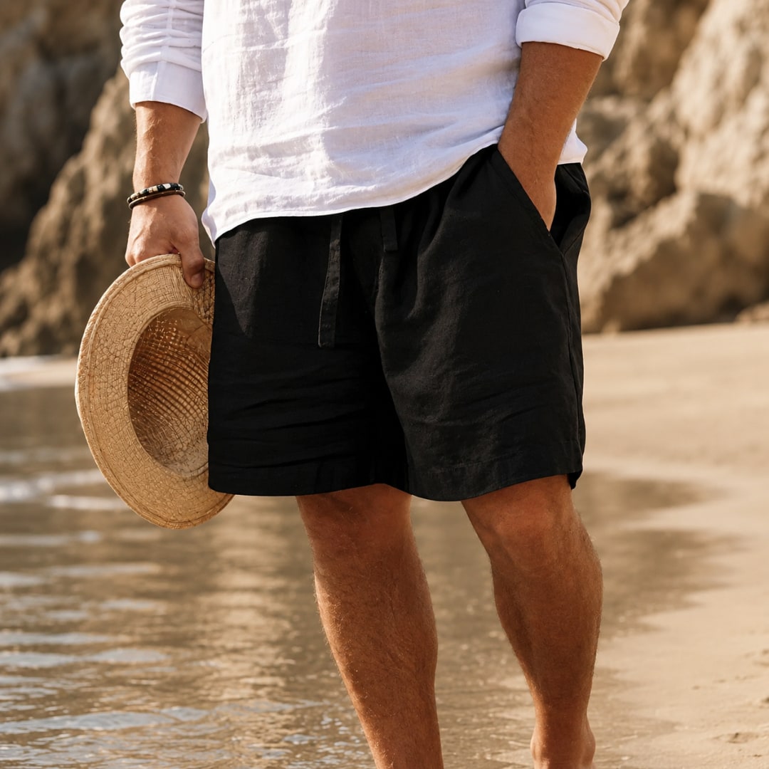 Black relaxed cotton linen shorts for men