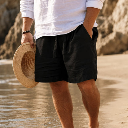 Black relaxed cotton linen shorts for men