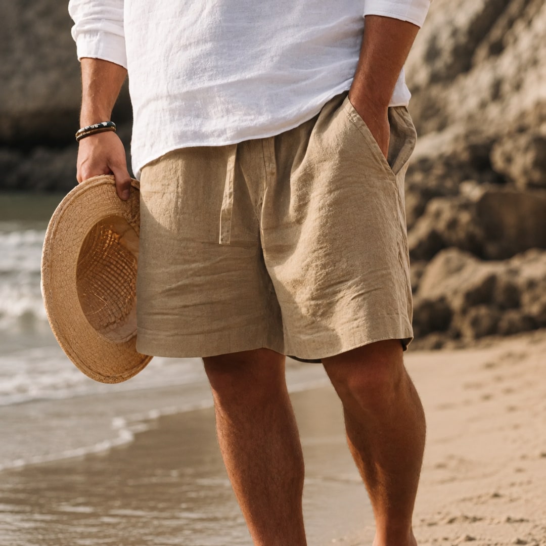 Khaki relaxed cotton linen shorts for men with drawstring