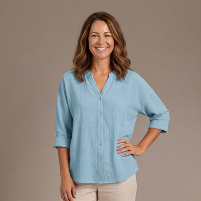 Crinkle Linen V Neck Shirt with Button Front and Roll Up Sleeves