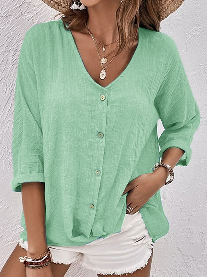 Linen V Neck Shirt with Button Front and Roll Up Sleeves 3