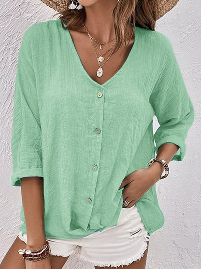 Linen V Neck Shirt with Button Front and Roll Up Sleeves 3