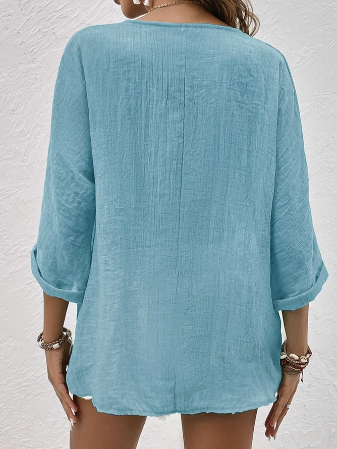 Linen V Neck Shirt with Button Front and Roll Up Sleeves 4