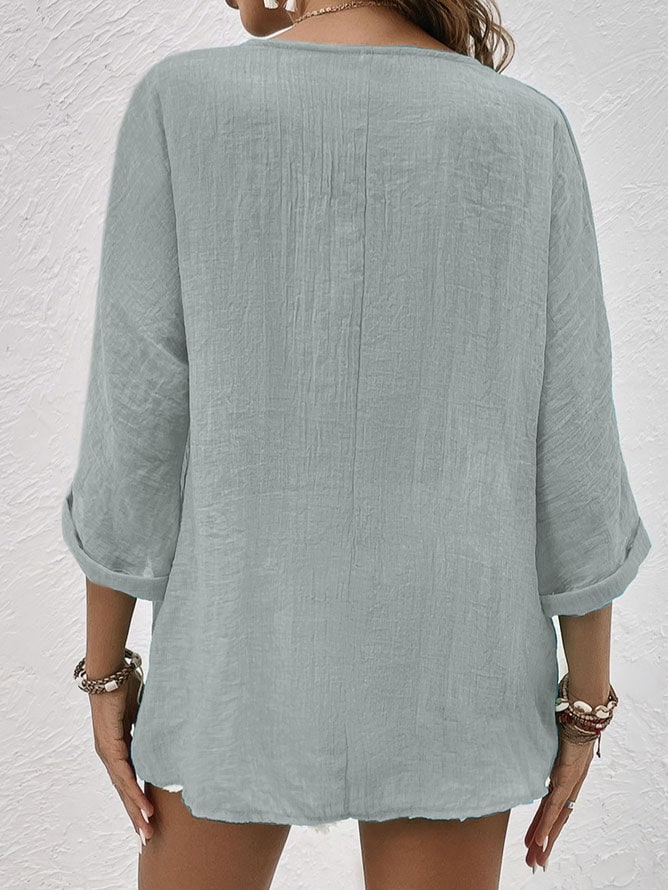 Linen V Neck Shirt with Button Front and Roll Up Sleeves 5