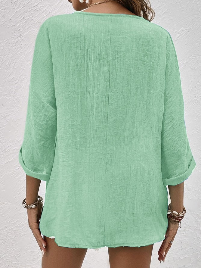 Linen V Neck Shirt with Button Front and Roll Up Sleeves 6