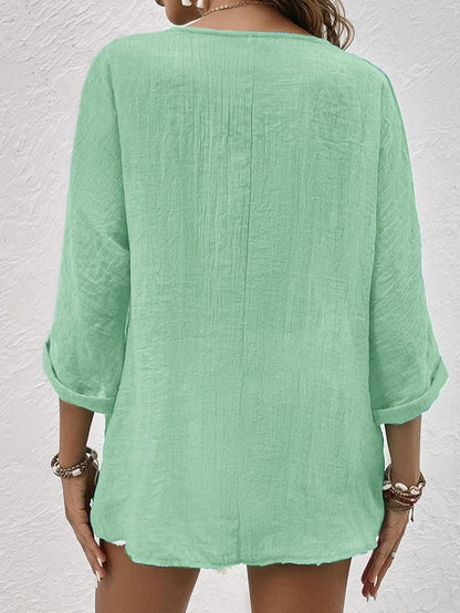 Linen V Neck Shirt with Button Front and Roll Up Sleeves 6