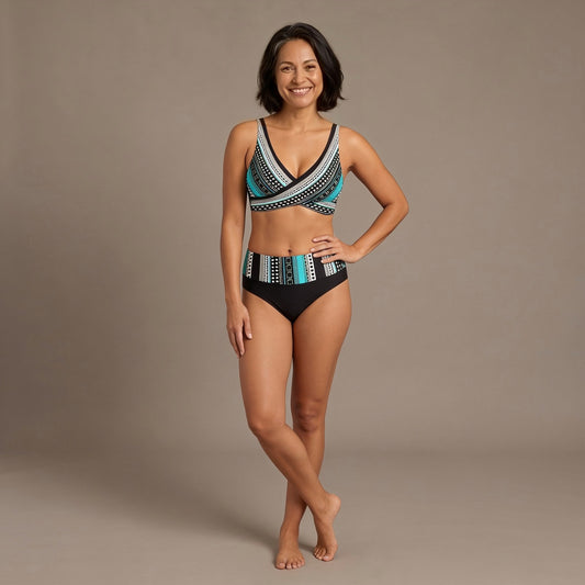 Crossover Bikini with Stripe Print and High Waist Bottom