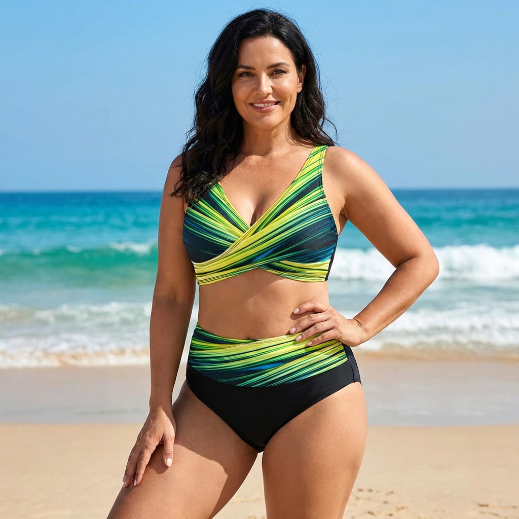 Yellow green stripe print crossover bikini worn on the beach
