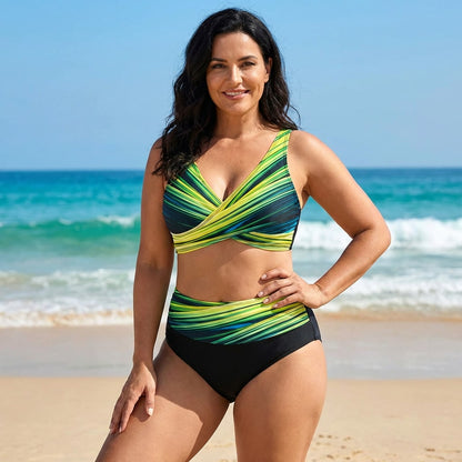 Yellow green stripe print crossover bikini worn on the beach