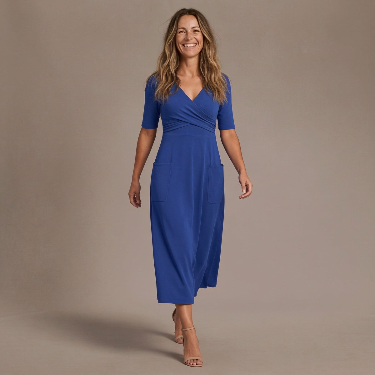 Crossover V Neck Midi Dress with Short Sleeves and Pockets