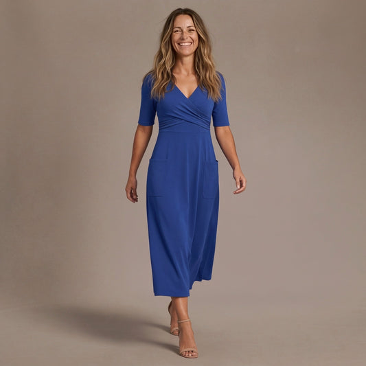 Crossover V Neck Midi Dress with Short Sleeves and Pockets