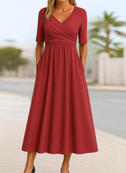 Crossover V Neck Midi Dress with Short Sleeves and Pockets 2