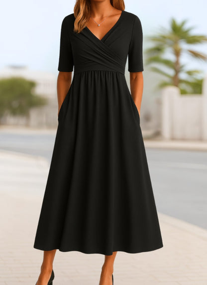 Crossover V Neck Midi Dress with Short Sleeves and Pockets 3