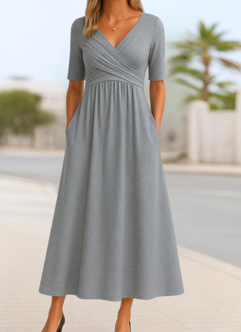 Crossover V Neck Midi Dress with Short Sleeves and Pockets 4