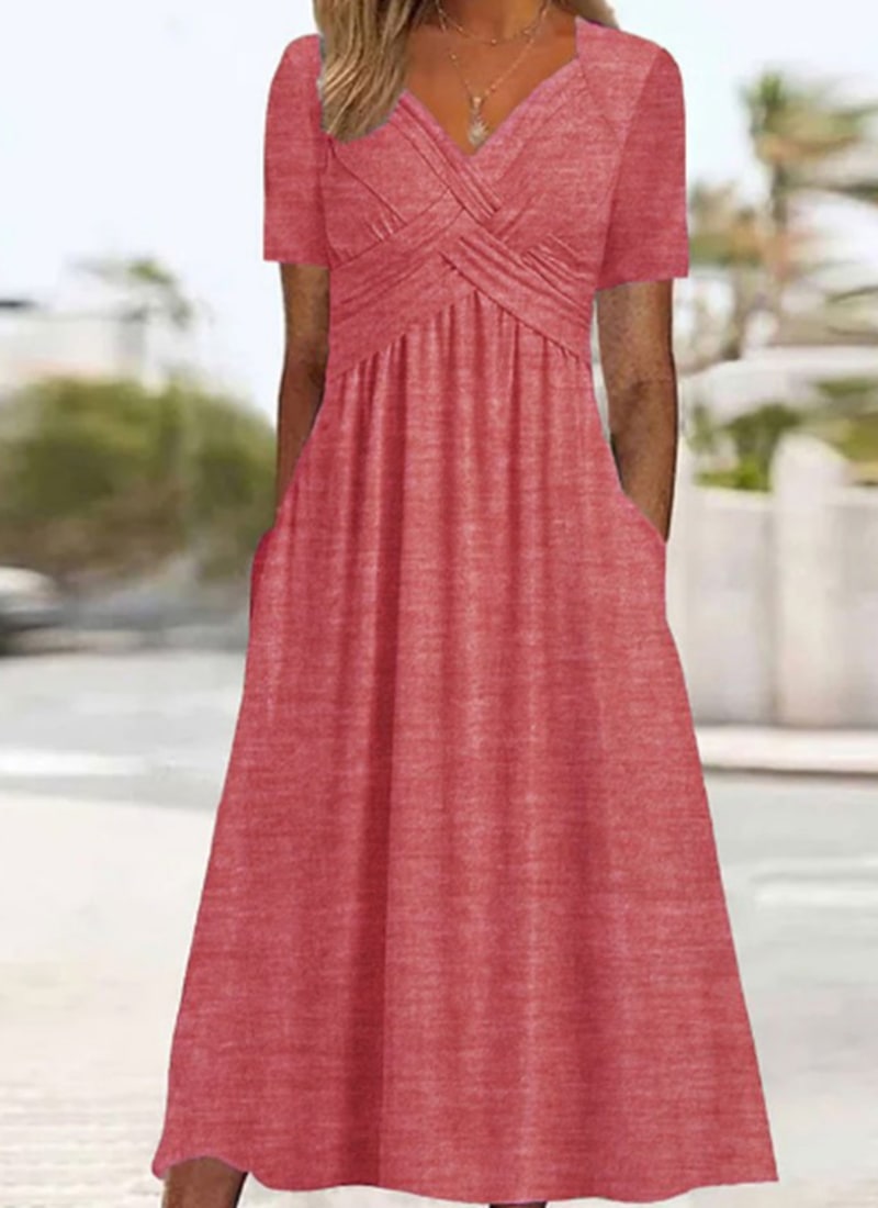 Crossover V Neck Midi Dress with Short Sleeves and Pockets 5