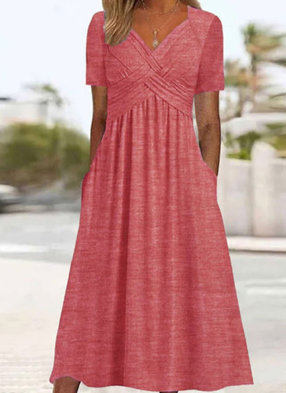 Crossover V Neck Midi Dress with Short Sleeves and Pockets 5