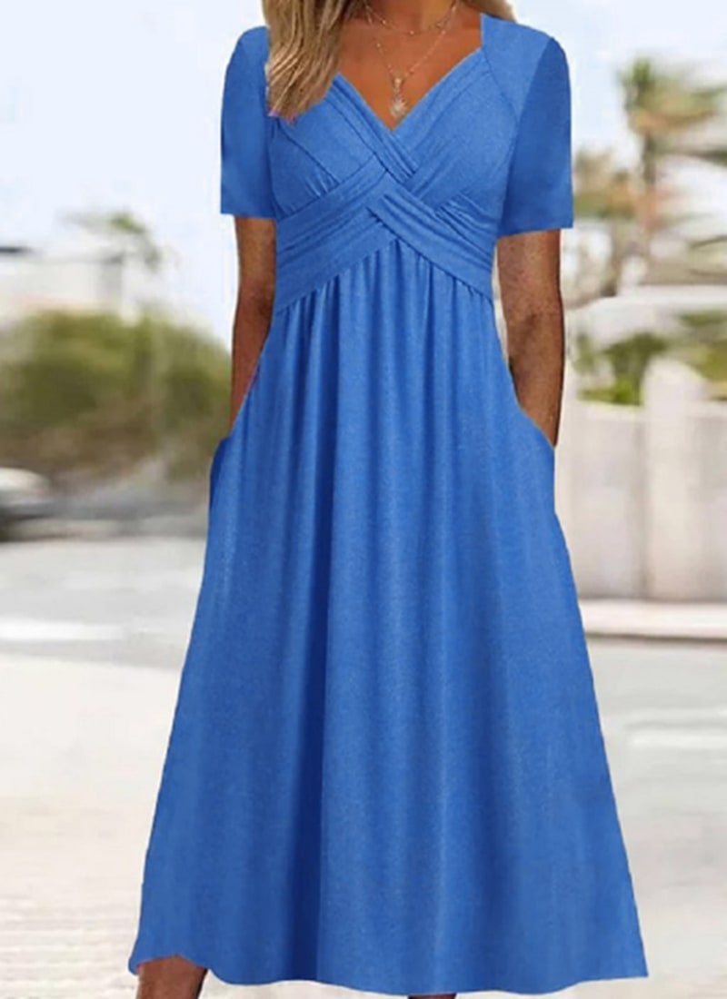 Crossover V Neck Midi Dress with Short Sleeves and Pockets 6