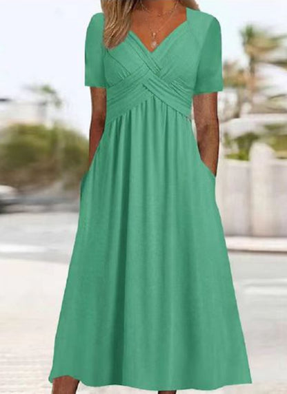 Crossover V Neck Midi Dress with Short Sleeves and Pockets 7