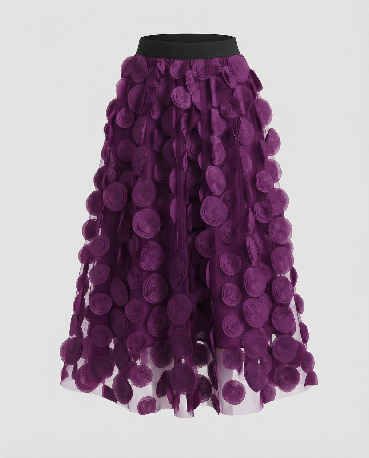Purple polka dot tulle midi skirt with elastic waistband