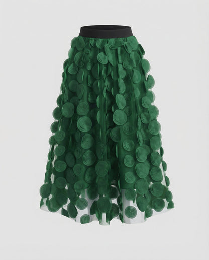 Dark Green polka dot tulle midi skirt with elastic waistband