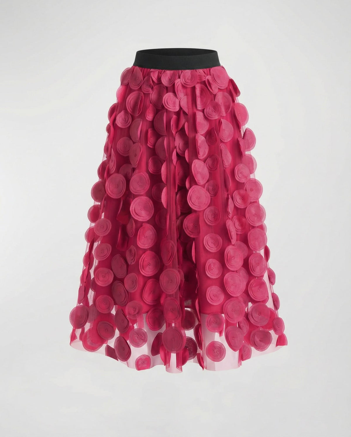 Fuchsia polka dot tulle midi skirt with elastic waistband