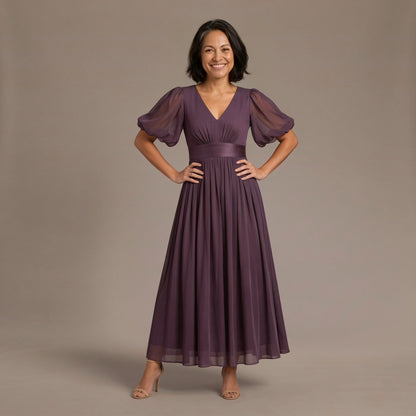 Formal Maxi Dress, Elegant Chiffon Dress with Gathered Waist and Short Sleeves