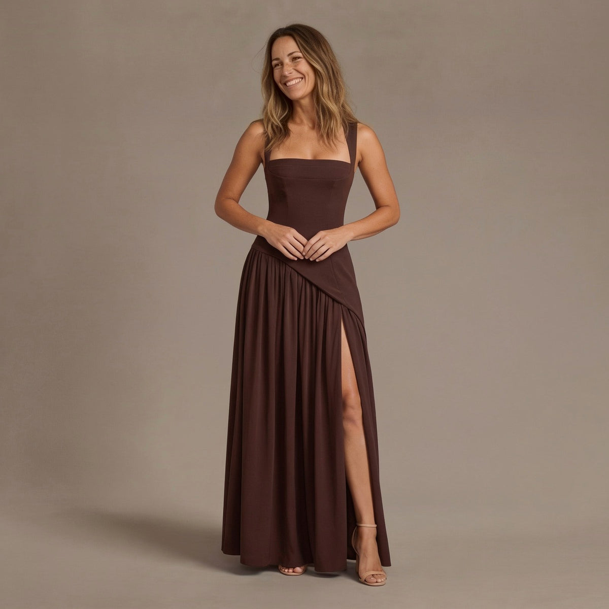 Elegant Draped Formal Maxi Dress with Square Neck and Side Slit