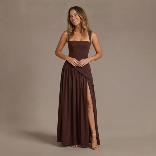 Elegant Draped Formal Maxi Dress with Square Neck and Side Slit