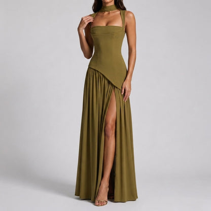 Draped Maxi Dress with Square Neck and Side Slit for Formal 2