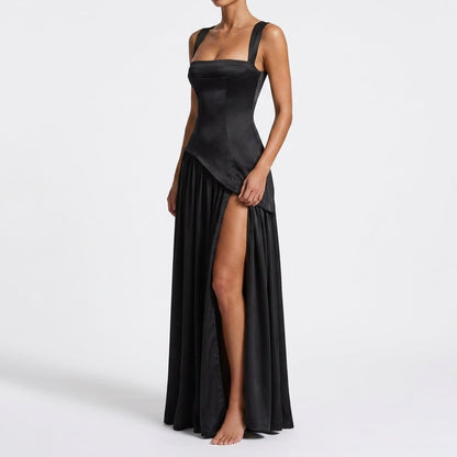 Draped Maxi Dress with Square Neck and Side Slit for Formal 4
